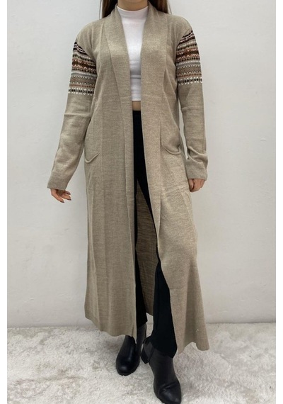 Onno Style Women Kilim Desen Uzun Ceket Bej