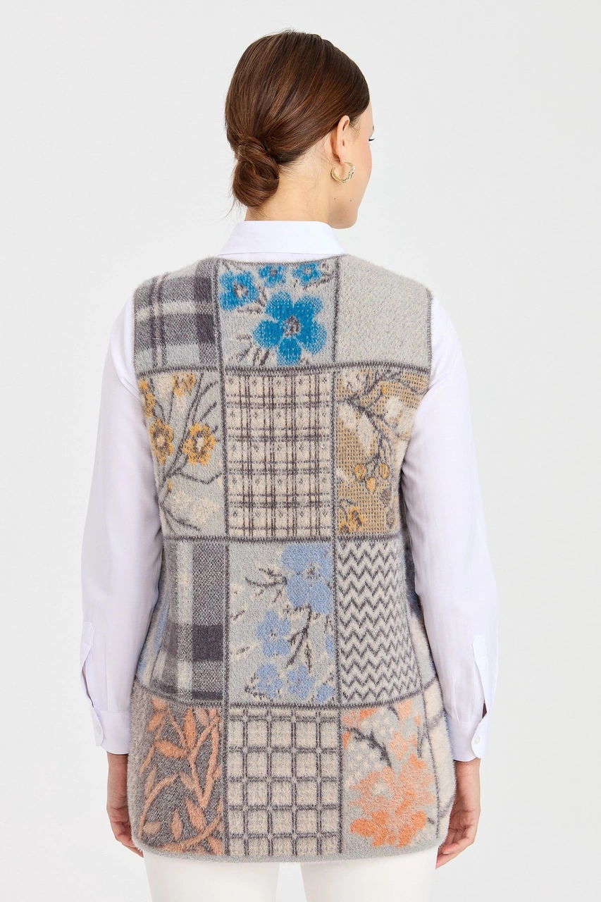 Desen Triko Kadın V Yaka Patchwork Yelek K.gri K.GRİ
