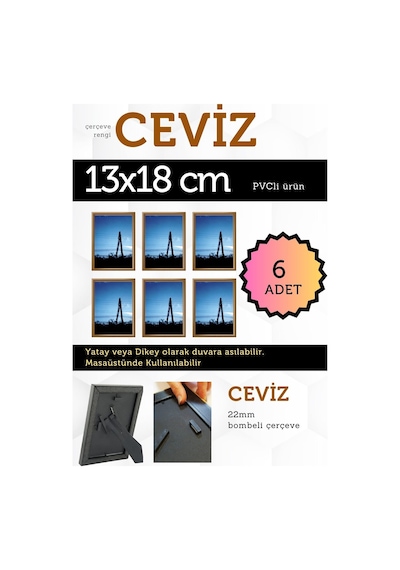 Ceviz-6 Adet Pvc Li 13x18 Cm 22mm Bombeli Çerçeve Fotoğraf Resim Çerçevesi Ayaklı Veya Duvara Asma Yatay-dikey 16074084