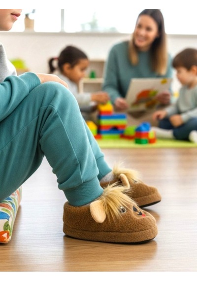 Ellaboni Erkek Çocuk Pofuduk Yünlü Panduf Ev Anaokulu Ayakkabısı Kahverengi