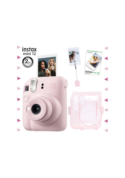 Fujifilm Instax Mini 12 Fotoğraf Makinesi + 10'lu Film + Kıskaçlı Resim Standı + Simli Pleksi Kılıf Seti Pembe