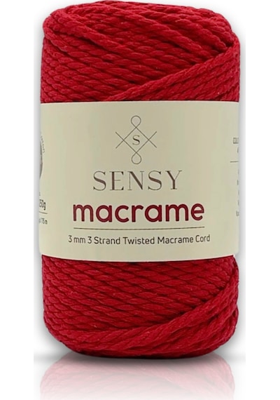 Sensy Üç Büküm 250 Gram Pamuk Taranan Makrome Makrame Halat Hobi İpi 3 Büküm Kırmızı