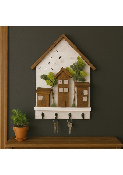 Ahşap Ev Temalı Duvar Askılığı 25x36 Cm 4 Kancalı Anahtarlık , El Yapımı Dekoratif Askı Beyaz