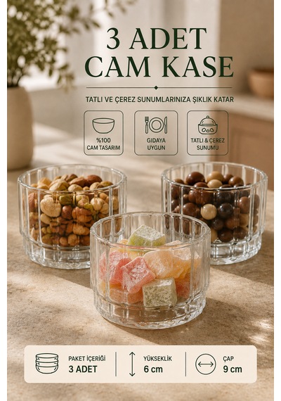 3 Adet Modern Çizgili Yuvarlak Borosilikat Cam Kase Seti Tatlı Çerez Meze Kahvaltılık Sunum Kasesi 400 Ml Şeffaf