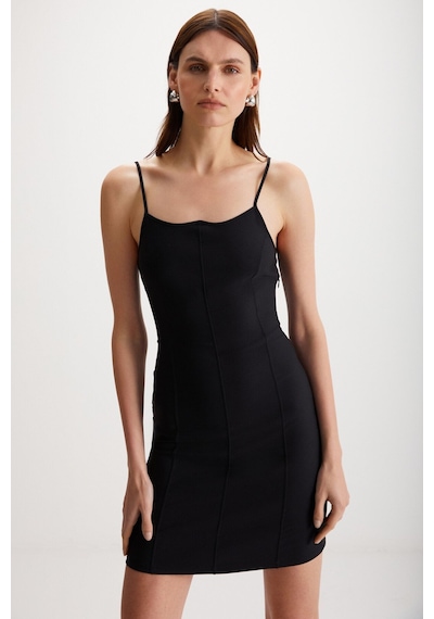 Ethıquet Manuela Kadın Kalın Dokuma Interlok Kumaşlı Vücüdü Saran Bodycon Kalp Yaka Siyah Elbise