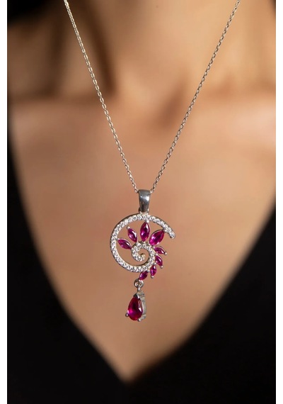 Papatya Silver 925 Ayar Gümüş Rodyum Kaplama Fuşya Renkli Spiral Snail Tasarım Kolye