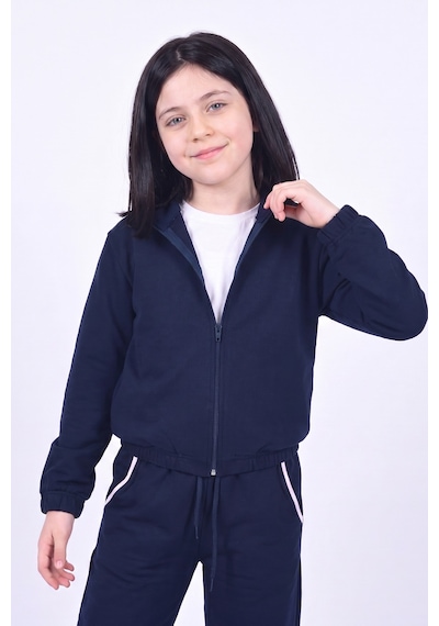 Panios Kids Kız Çocuk Dik Yaka Fermuarlı Beli Bağcıklı Lastik Paça Eşofman Takımı Lacivert