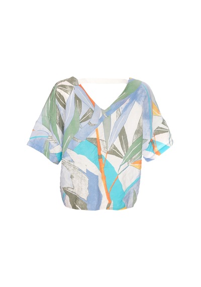 Ysatis Minimalist Desenli V Yaka Kısa Kol Crop Bluz - Yazlık Günlük Mavi