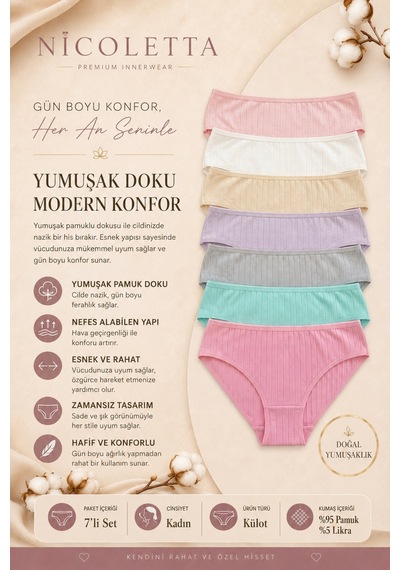 Nicoletta Kadın Külot 7 Li Paket Likralı Pamuklu Kaşkorse 713183 Çok Renkli
