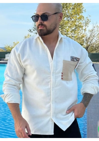 Serseri Jeans Erkek Bohem Etnik Cep Detaylı Gömlek Beyaz
