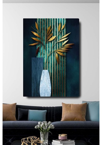 Homearths Dekoratif Soyut Altın Yapraklı Vazo Sürreal Kanvas Duvar Tablosu 70 X 100 Cm