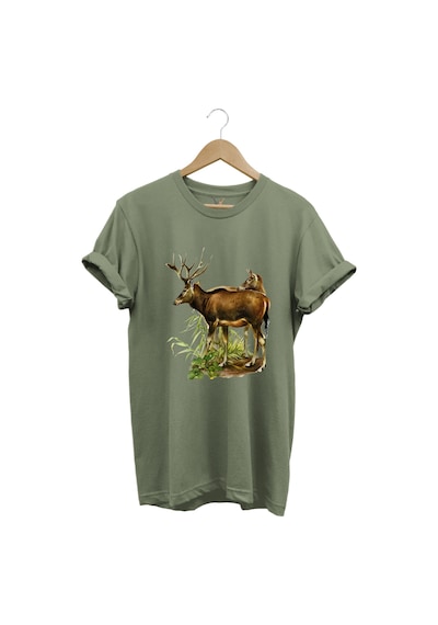 Avcılık Geyik Avcılığı Ve Doğa Baskılı Orman Temalı %100 Pamuk Regular Fit Haki T-shirt Haki
