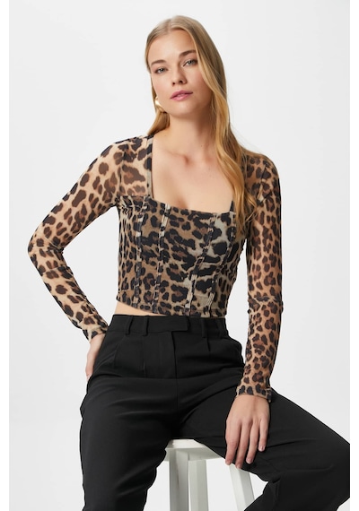 Ritnice Kadın Alina Korse Görünümlü Leopar Tül Crop Bluz LEOPAR