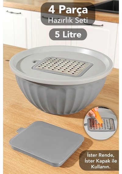 4 Parça Rendeli Saklama Kabı - 5 Lt Büyük Boy Çok Amaçlı Kapaklı Çırpma Karıştırma Kabı Gri Gri