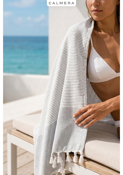 Calmera Çizgili Peştemal Pamuk - Doğal Saçaklı Plaj, Deniz, Havuz, Spa, Sauna, Spor, Seyahat Havlu - Gri