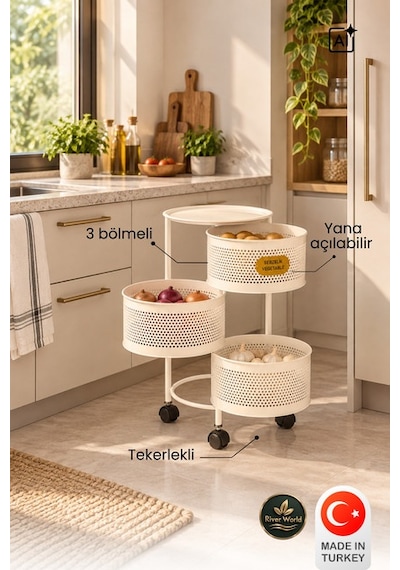 River World Tekerlekli Rengi Krem Açılabilen 3 Katlı Çok Amaçlı Metal Raf Mutfak, Balkon, Kiler Çok Renkli