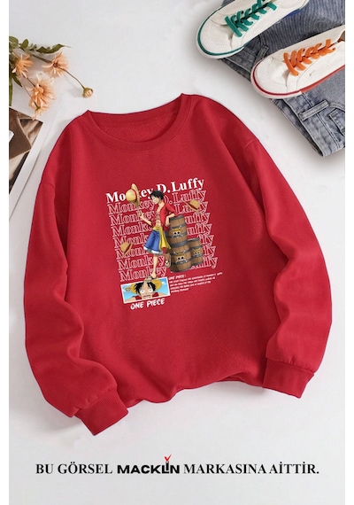 Macklin Unisex Kadın Erkek Monkey D Luffy Anime Özel Tasarım Baskılı Bisiklet Yaka Sweatshirt Kırmızı Mck1346 Kırmızı
