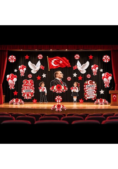 Sahne Boyutu 29 Ekim Cumhuriyet Bayramı Hazır Fügür Kesim Pano Süsü Balonlu Tüm Yaşlar