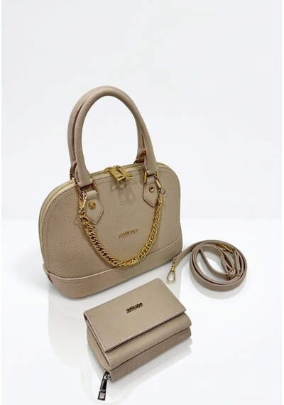 Just Polo Kadın Zincir Detaylı Lüks El & Omuz Çantası Ve Cüzdanı Kombin Shopper Ebat : 25x22 Cm Taş