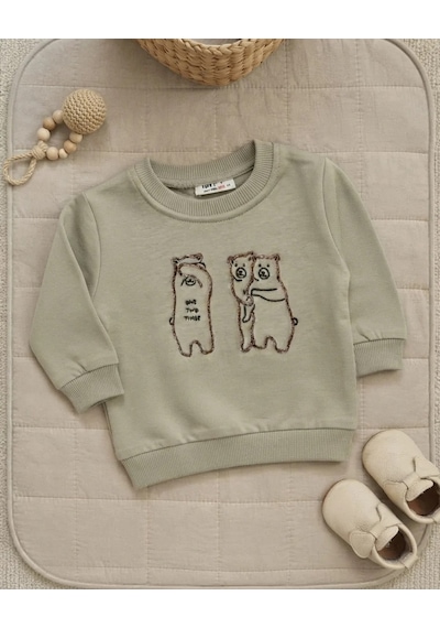 Tuffy Çağla Yeşili Erkek Bebek Triko Kol Detaylı Saklambaç Temalı Açık Yeşil Sweatshirt