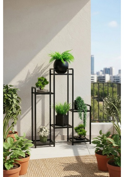 6 Raflı Siyah Metal Çiçeklik & Saksılık - Modern Dekoratif Balkon Ve Salon Bitki Standı