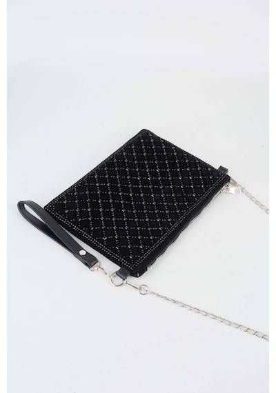 Vivaq Kadın Kapitone Siyah Taşlı Süet Bilek Askılı Ve Zincir Askılı Portföy El Ve Clutch Çanta SİYAH