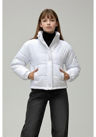 Veraura Lifestyle Kız Çocuk Beyaz Çıtçıtlı Fermuarlı Şişme Mont