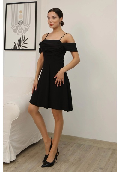 Lodmela Drape Detaylı Askılı Midi Elbise 2380-siyah Siyah