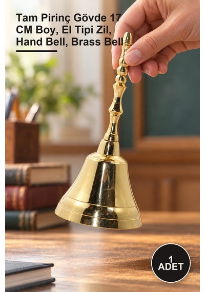 1 Adet Pirinç El Çanı Tam Pirinç Gövde 17 Cm Boy, El Tipi Zil, Hand Bell, Brass Bell