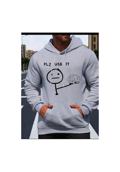 Medinenur Plz Use It Baskılı Kapüşonlu Sweatshirt Gri