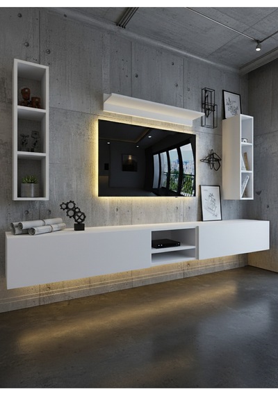 Resital Ledli Duvara Monte Tv Sehpası - Beyaz - W6001-1 Beyaz
