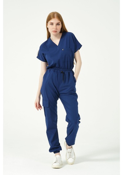Saks Mavi Likralı Scrubs Kargo Cep Jogger Paça Doktor Hemşire Forması Yarasa Kol Takım Unisex