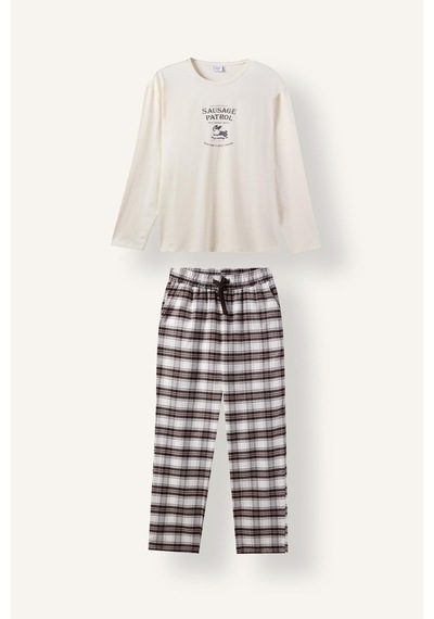 Defacto %100 Pamuk Baskılı Ekoseli New Regular Fit Uzun Kollu 2li Flanel Pijama Takımı H9920ax26auer238 Ekru-er238