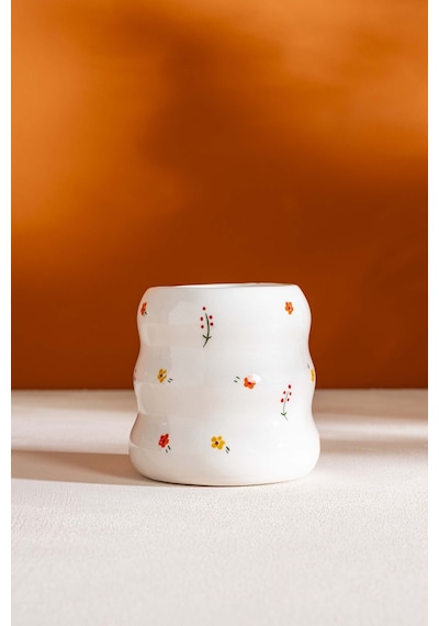 Rivaistanbul Minimal Çiçekler Amore El Yapımı Seramik Double Kahve Bardağı Mug Kupa Krem