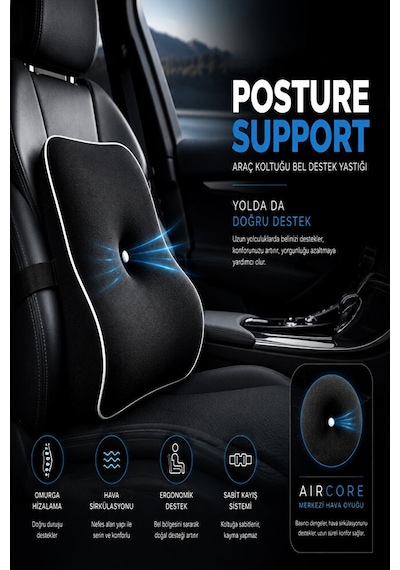 Posture Support Aircore Ergonomik Lomber Bel Destek Minderi Siyah