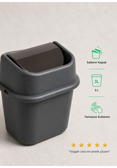 Çöp Yut Tezgah Üstü Çöp Kovası 3 L - Antrasit Mutfak Banyo Sallanır Kapak Mini Çöp Kutusu