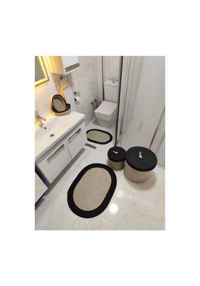 Jüt Hasır 6 Lı Banyo Paspas Takımı Bohem Tarzı Paspas:50x80/ 40x60 /çamaşır Sepet 40x36 ,25x28 Taş Siyah Taş Siyah