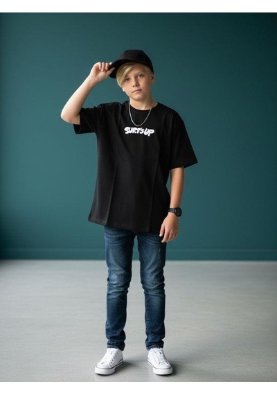 Zekids Erkek Çocuk Pamuklu Sırt Baskılı Kısa Kollu Tasarım T-shirt-16866 SIYAH