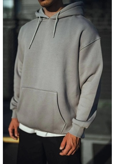 Zenna Tarz Üç İplik Penye Kapşonlu Basic Sweatshirt - Boyalı Gri