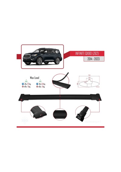 Infiniti Qx80 Z62 2014-2023 Arası İle Uyumlu Fly Model Ara Atkı Tavan Barı Siyah 3 Adet Bar