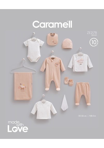 Caramell Moving Car 10 Parça Hastane Çıkışı Zıbın Seti Kahverengi renkli