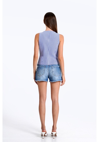 Thalure Kadın Lacivert Pötikare Kruvaze Slim Fit Yelek