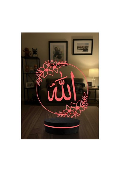 Allah Ve Vav Temalı 3d Dekoratif Led Gece Lambası - Çiçekli Modern Hat Sanatı - İslami Hediye