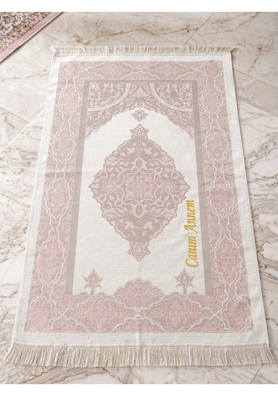Anneler Gününe Özel Canım Annem Nakışlı Tesbihli Hediyelik Seccade Seti Pembe