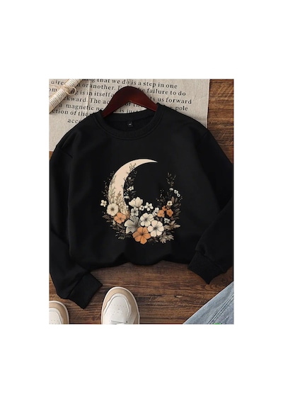 Medinenur Ayçiçek Baskılı 2 İplik Şardonlu Bisiklet Yaka Sweatshirt Siyah
