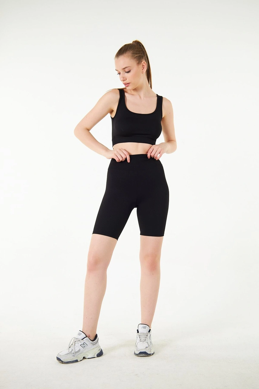 Thiff Gymwear Haki Yüksek Bel Toparlayıcı Kısa Şort Spor Fitilli Biker Tayt Siyah