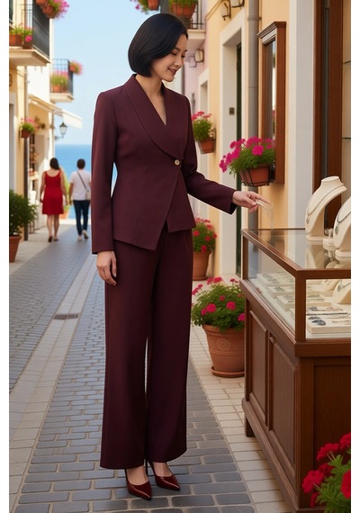 Benerly Kadın Kruvaze Kapama Ceket Pantolon Takımı Dokuma Kumaş Fitted Ke Mürdüm