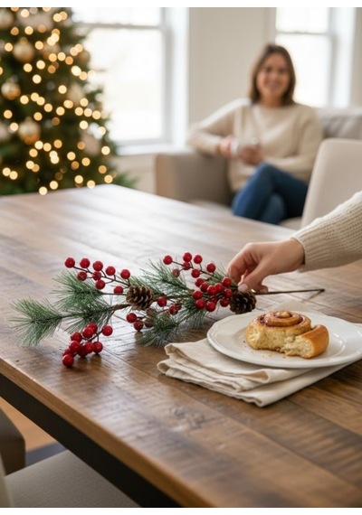 Yapay Çiçek Kokina Ve Çam Dalı Uzun Dal Kozalaklı 75cm Yılbaşı Çiçeği Red Berry Kırmızı