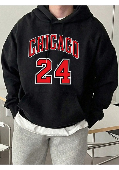 Startmore Startmorechicago Number 24 Letter Print Erkekler Rahat Moda Kapüşonlular Tüm Maç Sonbahar Tişörtü Pola Siyah