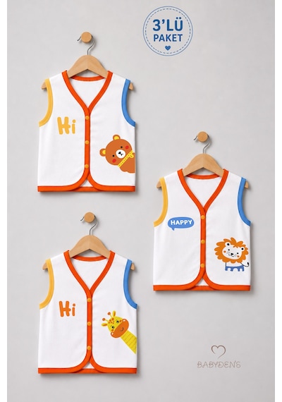 Babyden's 3'lü Bebek Yeleği %100 Pamuk Çıtçıtlı Mevsimlik Yenidoğan Bebek Yelek Seti Safari Baskılı Unisex 0-9 Ay Çok Renkli